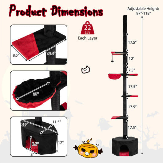 Floor to Ceiling Gothic Cat Tree 97-118 Inches Adjustable 5-Tier with Condo-Black