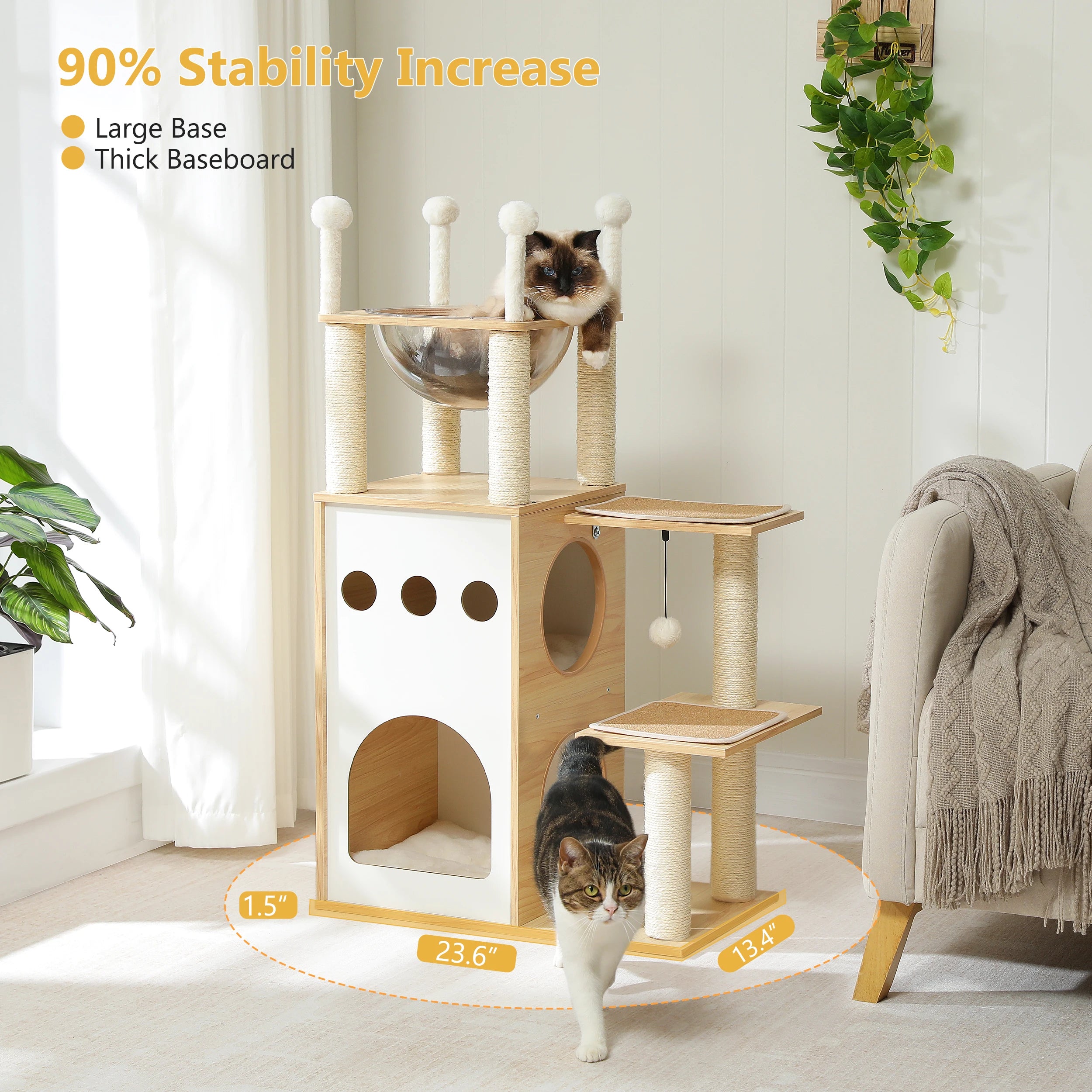 Modern Cat Tree Wooden Cat Tower with 2-Floor Condo Cat Furniture with Cat Scratching Posts Capsule Nest and Dangling Balls