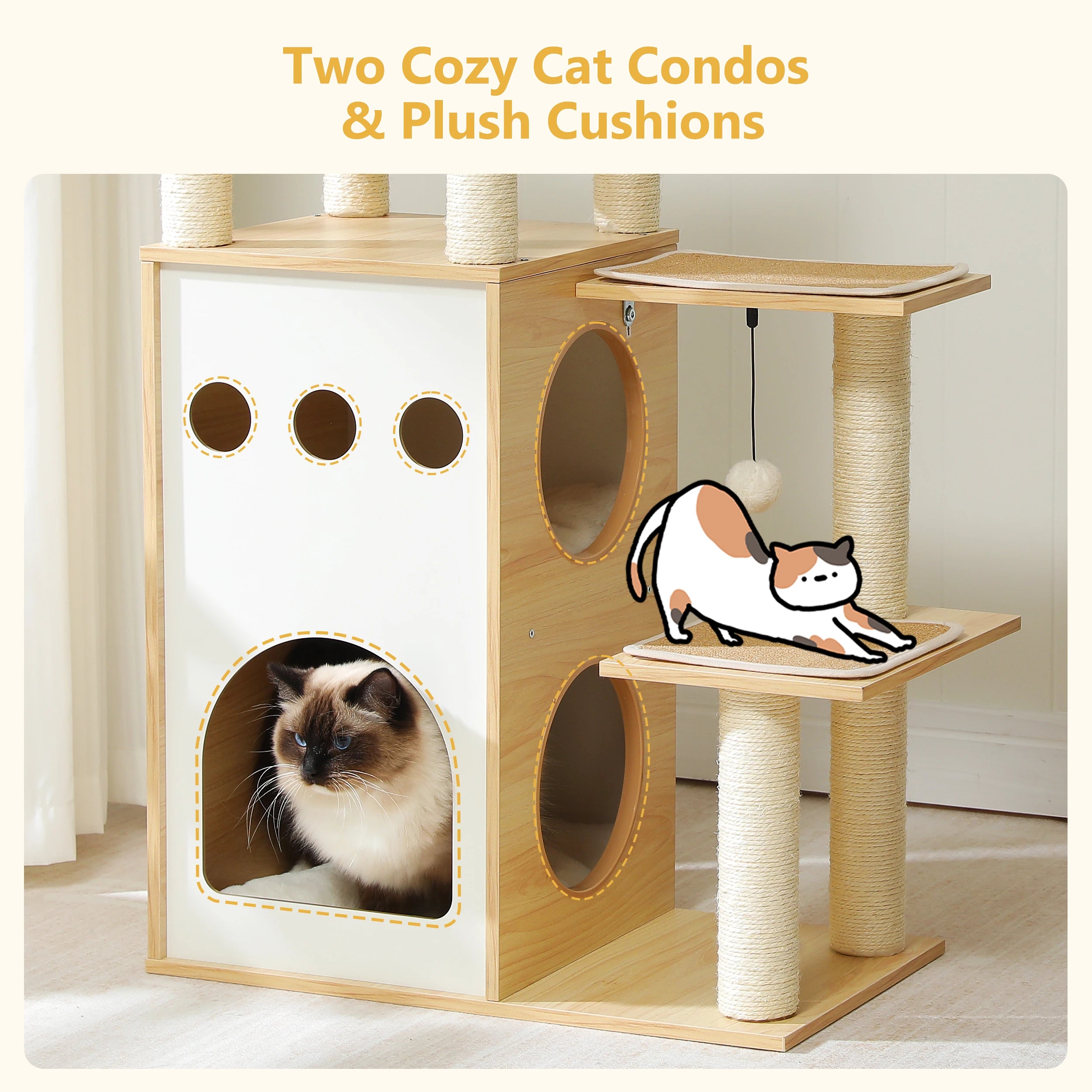 Modern Cat Tree Wooden Cat Tower with 2-Floor Condo Cat Furniture with Cat Scratching Posts Capsule Nest and Dangling Balls