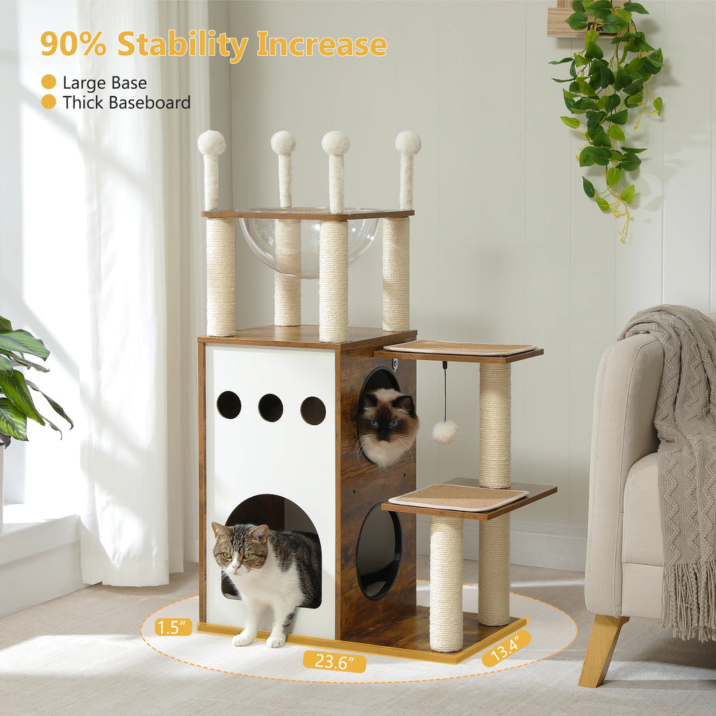 Modern Cat Tree Wooden Cat Tower with 2-Floor Condo Cat Furniture with Cat Scratching Posts Capsule Nest and Dangling Balls