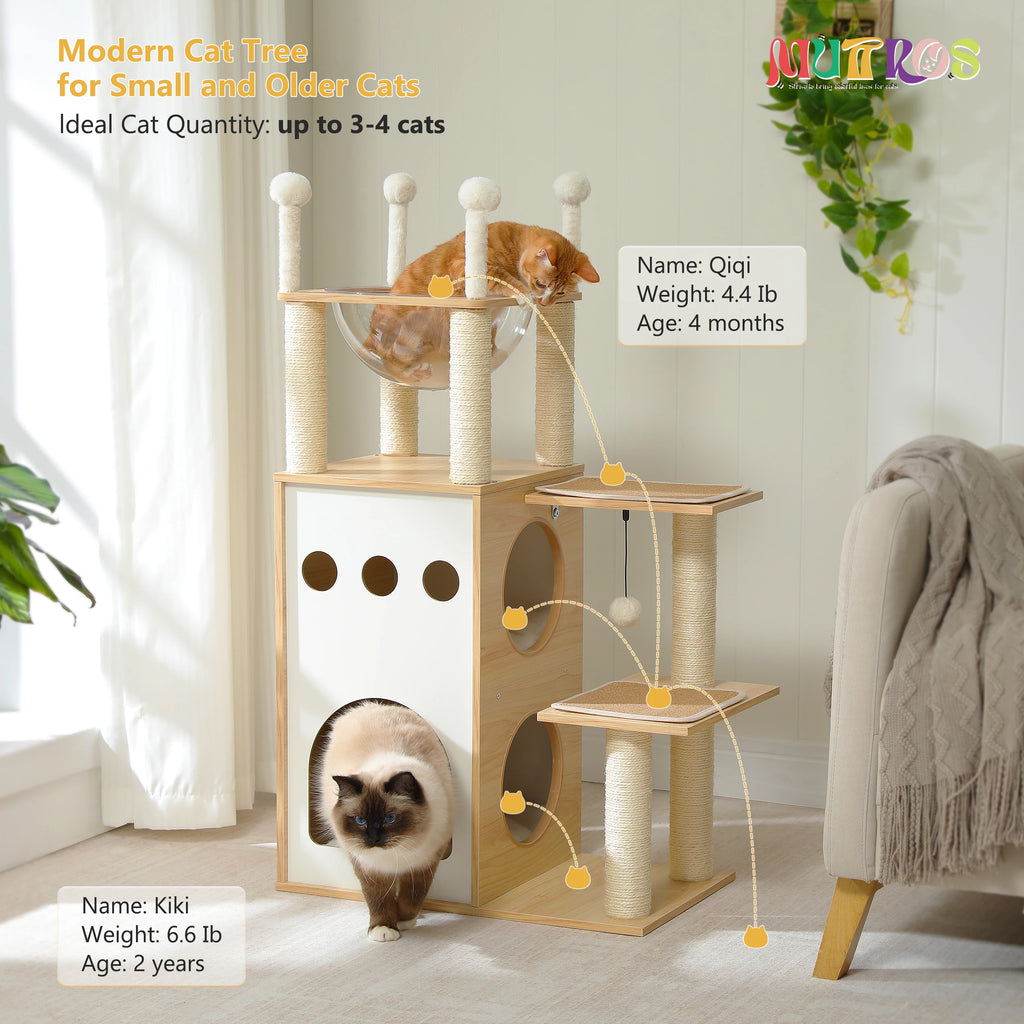 Modern Cat Tree Wooden Cat Tower with 2-Floor Condo Cat Furniture with Cat Scratching Posts Capsule Nest and Dangling Balls