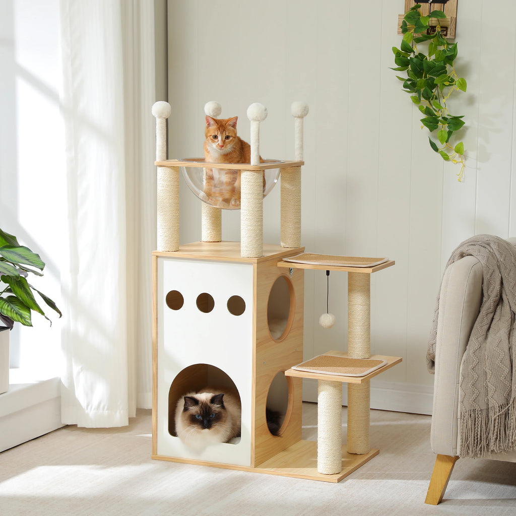 Modern Cat Tree Wooden Cat Tower with 2-Floor Condo Cat Furniture with Cat Scratching Posts Capsule Nest and Dangling Balls