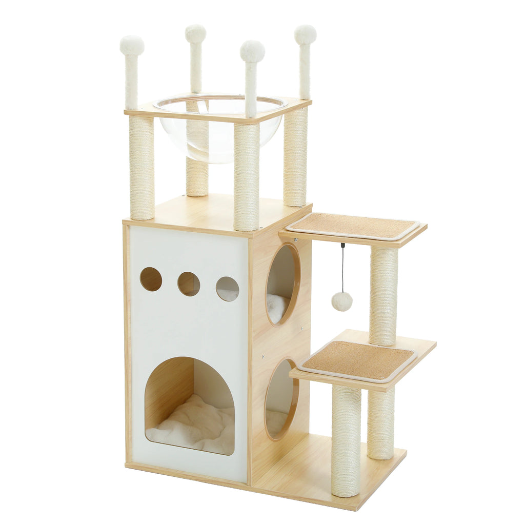 Modern Cat Tree Wooden Cat Tower with 2-Floor Condo Cat Furniture with Cat Scratching Posts Capsule Nest and Dangling Balls