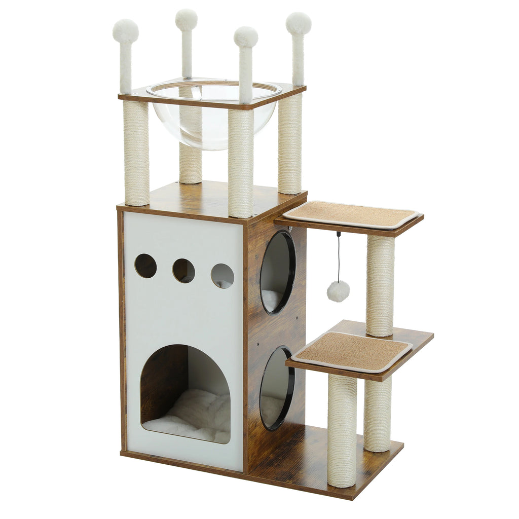 Modern Cat Tree Wooden Cat Tower with 2-Floor Condo Cat Furniture with Cat Scratching Posts Capsule Nest and Dangling Balls
